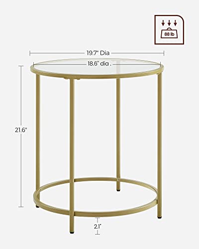 VASAGLE Round Side Table, Glass End Table with Metal Frame, Gold Coffee Table with Modern Style, for Living Room, Balcony, Bedroom, Gold Color