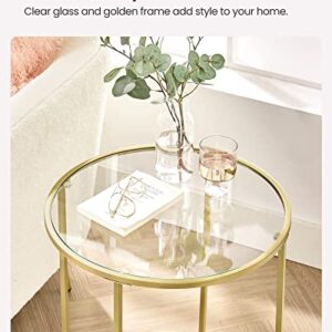 VASAGLE Round Side Table, Glass End Table with Metal Frame, Gold Coffee Table with Modern Style, for Living Room, Balcony, Bedroom, Gold Color