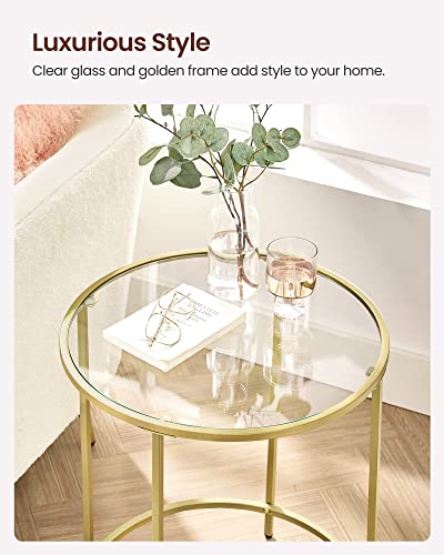 VASAGLE Round Side Table, Glass End Table with Metal Frame, Gold Coffee Table with Modern Style, for Living Room, Balcony, Bedroom, Gold Color