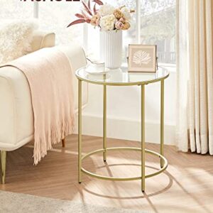 VASAGLE Round Side Table, Glass End Table with Metal Frame, Gold Coffee Table with Modern Style, for Living Room, Balcony, Bedroom, Gold Color