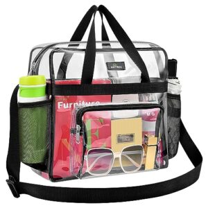 may tree clear bag stadium approved 12×6×12, clear stadium bag for women and men, clear lunch bag for work travel sport office, clear tote bag stadium approved with non-removable straps - black