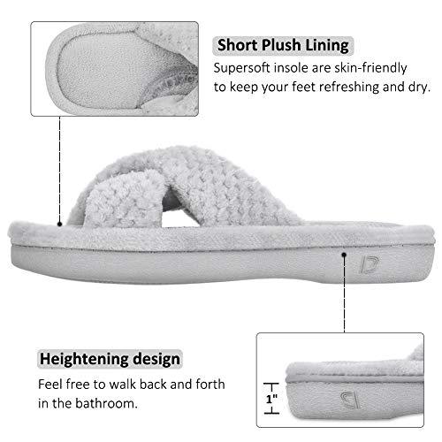 DL Women's Open Toe Cross Band Slippers, Memory Foam Slip on Home Slippers for Women with Indoor Outdoor Arch Support Rubber Sole, Gray, 7-8