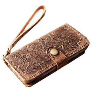 leather iphone xr wallet case handmade wristlet iphone xr cover tooled flower brown - 408h-6