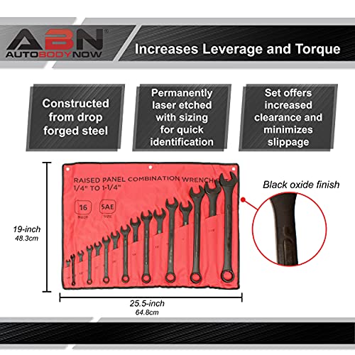 ABN Standard Wrenches Set - 16 Piece SAE Combination Wrench Set 1/4in to 1-1/4in SAE Wrench Set with Roll Up Pouch