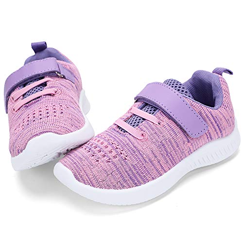 nerteo Girls&Boys Running Shoes, Casual Comfort Walking Sneakers for Kids, Strap Tennis Shoes Purple/Pink 3 M US Little Kid