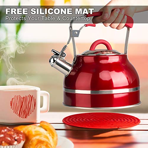 Secura Whistling Tea Kettle, 2.3 Qt Tea Pot, Stainless Steel Hot Water Kettle for Stovetops with Silicone Handle, Tea Infuser, Silicone Trivets Mat, Red