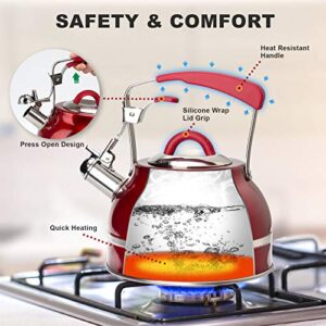 Secura Whistling Tea Kettle, 2.3 Qt Tea Pot, Stainless Steel Hot Water Kettle for Stovetops with Silicone Handle, Tea Infuser, Silicone Trivets Mat, Red