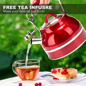 Secura Whistling Tea Kettle, 2.3 Qt Tea Pot, Stainless Steel Hot Water Kettle for Stovetops with Silicone Handle, Tea Infuser, Silicone Trivets Mat, Red