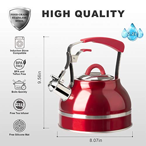 Secura Whistling Tea Kettle, 2.3 Qt Tea Pot, Stainless Steel Hot Water Kettle for Stovetops with Silicone Handle, Tea Infuser, Silicone Trivets Mat, Red