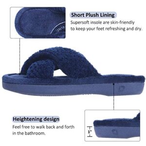 DL Women's Open Toe Cross Band Slippers, Memory Foam Slip on Home Slippers for Women with Indoor Outdoor Arch Support Rubber Sole, Navy, 7-8