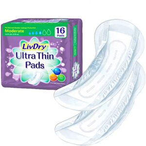 livdry incontinence ultra thin pads for women | leak protection and odor control | extra absorbent (moderate 16-count)