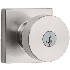 kwikset pismo front entry locking door knob, secure keyed exterior entrance handle, with square rose, smartkey re-key security technology and microban protection in satin nickel