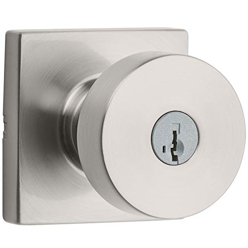 Kwikset Pismo Front Entry Locking Door Knob, Secure Keyed Exterior Entrance Handle, With Square Rose, SmartKey Re-Key Security Technology and Microban Protection in Satin Nickel