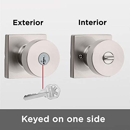 Kwikset Pismo Front Entry Locking Door Knob, Secure Keyed Exterior Entrance Handle, With Square Rose, SmartKey Re-Key Security Technology and Microban Protection in Satin Nickel