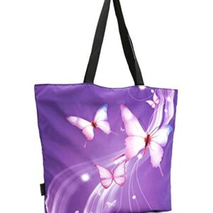 ICOLOR Light Purple Butterfly Gym Bag Shopping Tote Bags Shoulder Bag,Boys Girls Travel Beach Grocery Shoulder Bag with Zipper,Reusable Gym Picnic Work Daily Use Tote Bag(GymBag-02)