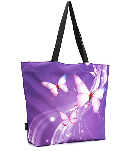 ICOLOR Light Purple Butterfly Gym Bag Shopping Tote Bags Shoulder Bag,Boys Girls Travel Beach Grocery Shoulder Bag with Zipper,Reusable Gym Picnic Work Daily Use Tote Bag(GymBag-02)