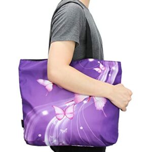 ICOLOR Light Purple Butterfly Gym Bag Shopping Tote Bags Shoulder Bag,Boys Girls Travel Beach Grocery Shoulder Bag with Zipper,Reusable Gym Picnic Work Daily Use Tote Bag(GymBag-02)