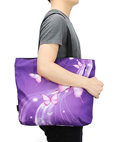 ICOLOR Light Purple Butterfly Gym Bag Shopping Tote Bags Shoulder Bag,Boys Girls Travel Beach Grocery Shoulder Bag with Zipper,Reusable Gym Picnic Work Daily Use Tote Bag(GymBag-02)