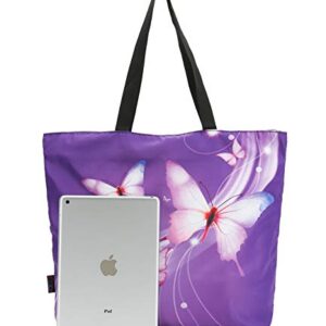 ICOLOR Light Purple Butterfly Gym Bag Shopping Tote Bags Shoulder Bag,Boys Girls Travel Beach Grocery Shoulder Bag with Zipper,Reusable Gym Picnic Work Daily Use Tote Bag(GymBag-02)