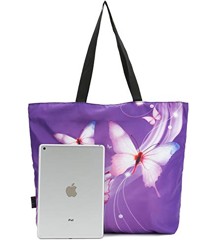 ICOLOR Light Purple Butterfly Gym Bag Shopping Tote Bags Shoulder Bag,Boys Girls Travel Beach Grocery Shoulder Bag with Zipper,Reusable Gym Picnic Work Daily Use Tote Bag(GymBag-02)