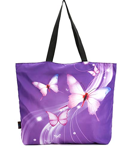 ICOLOR Light Purple Butterfly Gym Bag Shopping Tote Bags Shoulder Bag,Boys Girls Travel Beach Grocery Shoulder Bag with Zipper,Reusable Gym Picnic Work Daily Use Tote Bag(GymBag-02)