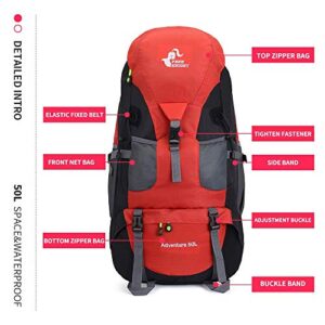 Bseash 50L Water Resistant Hiking Backpack, Lightweight Outdoor Sport Daypack Travel Bag for Camping Climbing Touring (Red - No Shoe Compartment)