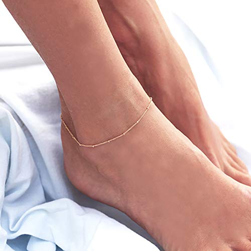 MEVECCO Anklet for Women Gold Satellite Chain 14K Gold Plated Dainty Boho Beach Summer Simple Foot Jewelry Ankle Bracelet for Girls