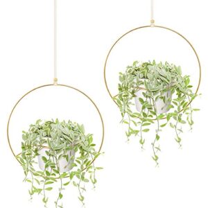 mkono boho hanging planter, set of 2 round metal plant hanger with plastic plant pot, modern wall and ceiling planter mid century flower pot holder, fits 6 inch planter (pots included), gold
