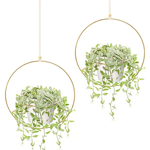 Mkono Boho Hanging Planter, Set of 2 Round Metal Plant Hanger with Plastic Plant Pot, Modern Wall and Ceiling Planter Mid Century Flower Pot Holder, Fits 6 Inch Planter (Pots Included), Gold