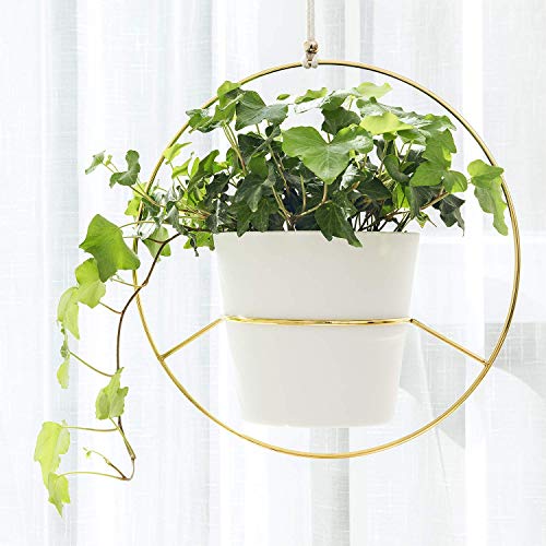 Mkono Boho Hanging Planter, Set of 2 Round Metal Plant Hanger with Plastic Plant Pot, Modern Wall and Ceiling Planter Mid Century Flower Pot Holder, Fits 6 Inch Planter (Pots Included), Gold