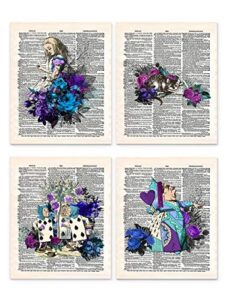 alice in wonderland wall art, 8x10 set of 4 unframed decor prints in blue tones. upcycled vintage style dictionary page. ideal for book lover, english teacher, librarian and lewis carroll fan