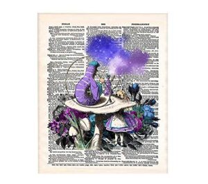 alice in wonderland caterpillar wall art, unframed 8x10 inch decor print in blue tones. vintage style dictionary page. ideal for book lover, english teacher, librarian lewis carroll fan