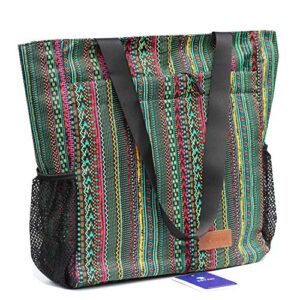 ESVAN Original Floral Water Resistant Tote Bag Large Shoulder Bag with Multi Pockets for Gym Hiking Picnic Travel Beach Daily Bags (Green)