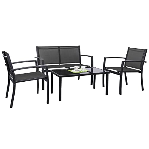 Tuoze 4 Pieces Patio Furniture Set Outdoor Conversation Set with Glass Coffee Table Bistro Set with Loveseat Garden Yard Lawn and Balcony (Black)