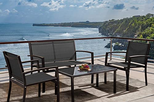 Tuoze 4 Pieces Patio Furniture Set Outdoor Conversation Set with Glass Coffee Table Bistro Set with Loveseat Garden Yard Lawn and Balcony (Black)