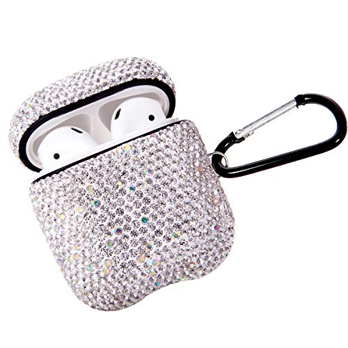 Sparkly Diamond Case for AirPods with Keychain, Shockproof Protective Premium Bling Rhinestone Cover Skin Compatible with AirPods Charging Case 2 & 1(White+AB C5)