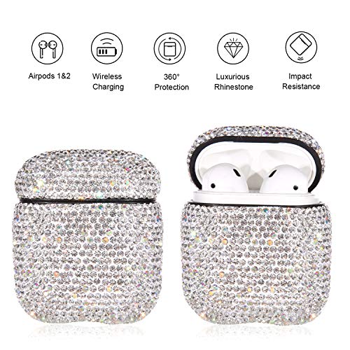 Sparkly Diamond Case for AirPods with Keychain, Shockproof Protective Premium Bling Rhinestone Cover Skin Compatible with AirPods Charging Case 2 & 1(White+AB C5)