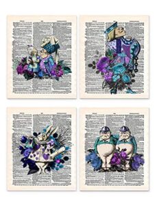 alice in wonderland wall art, 8x10 set of 4 un framed decor prints in blue tones. upcycled vintage style dictionary page. ideal for book lovers, english teachers, librarians and lewis carroll fans