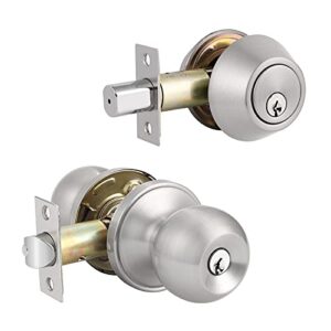 Knobonly All Keyed Same Entry Door Knobs with Double Cylinder Deadbolt for Exterior Front Doors, Satin Nickel Finish, Contractor Pack of 10-Keyed on Both Side