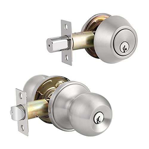 Knobonly All Keyed Same Entry Door Knobs with Double Cylinder Deadbolt for Exterior Front Doors, Satin Nickel Finish, Contractor Pack of 10-Keyed on Both Side