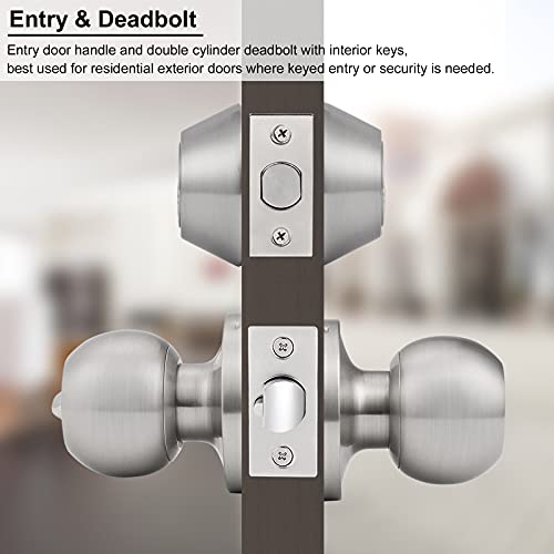 Knobonly All Keyed Same Entry Door Knobs with Double Cylinder Deadbolt for Exterior Front Doors, Satin Nickel Finish, Contractor Pack of 10-Keyed on Both Side