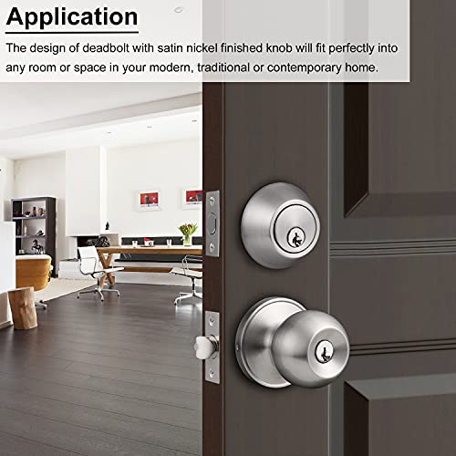 Knobonly All Keyed Same Entry Door Knobs with Double Cylinder Deadbolt for Exterior Front Doors, Satin Nickel Finish, Contractor Pack of 10-Keyed on Both Side