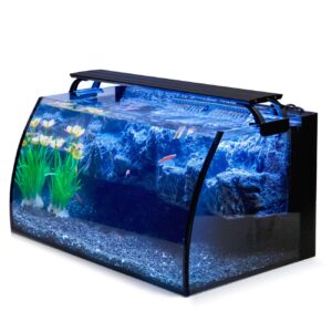 hygger horizon 8 gallon led glass aquarium kit for starters with 7w power filter pump, 18w colored led light, wide view curved shape fish tank with undetachable 3d rockery background decor