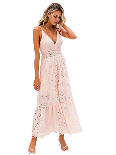 BerryGo Women's Embroidery Pearl Button Down Dress V Neck Spaghetti Strap Maxi Dress Peach Barbie Dress L