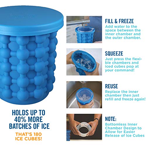 Ice Genie Deluxe The Original Ice Cube Maker| Holds Up to 180 Ice Cubes | Silicon Bucket | Perfect for Indoor/Outdoor Use | Bottled Beverage Cooler | Dishwasher Safe & Bpa-Free | Ice Tongs Included