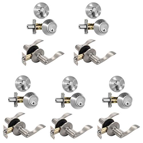 Dynasty Hardware CP-HER-US15, Heritage Front Door Entry Lever Lockset and Single Cylinder Deadbolt Combination Set, Satin Nickel, (5 Pack) Keyed Alike