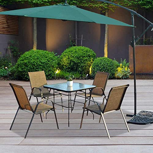 VINGLI Glass Patio Table with Umbrella Hole, 32" Square Outdoor Dining Table Steel Tempered Glass Patio Table Outdoor Table for Balcony Garden Deck