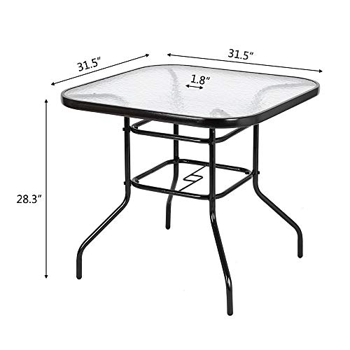 VINGLI Glass Patio Table with Umbrella Hole, 32" Square Outdoor Dining Table Steel Tempered Glass Patio Table Outdoor Table for Balcony Garden Deck