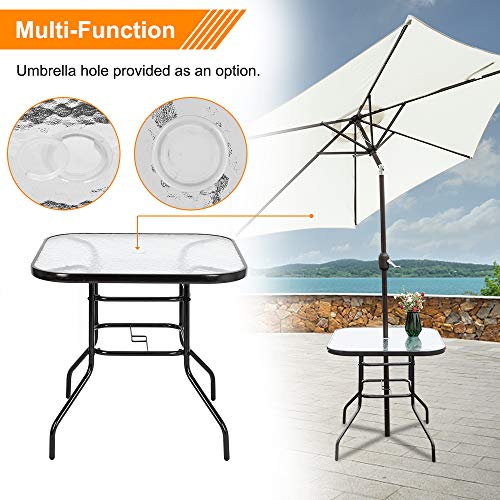 VINGLI Glass Patio Table with Umbrella Hole, 32" Square Outdoor Dining Table Steel Tempered Glass Patio Table Outdoor Table for Balcony Garden Deck