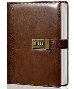 cagie journal with lock for adults, large refillable lock diary 6 ring binder notebook with lock for men women, 7 x 9 inch, brown